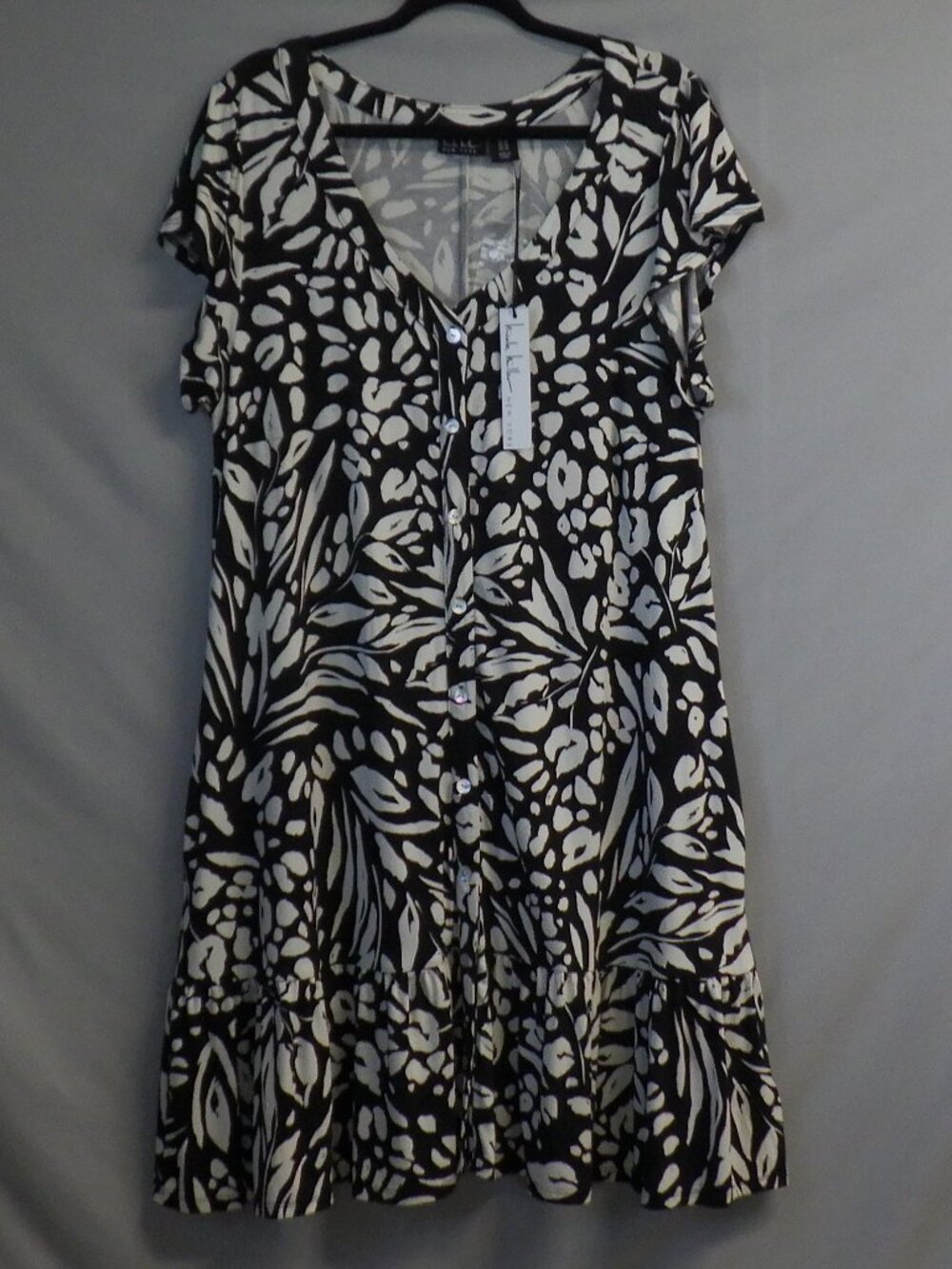 Nicole Miller Black & Cream Printed Short-Sleeve Midi Dress NWT A574
